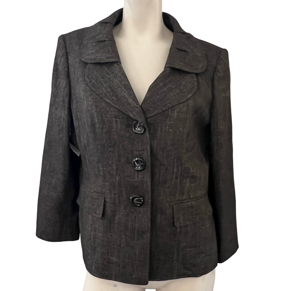 Le Suit Petite Womens Blazer Jacket Dark Gray Textured Single Breasted Size 14P